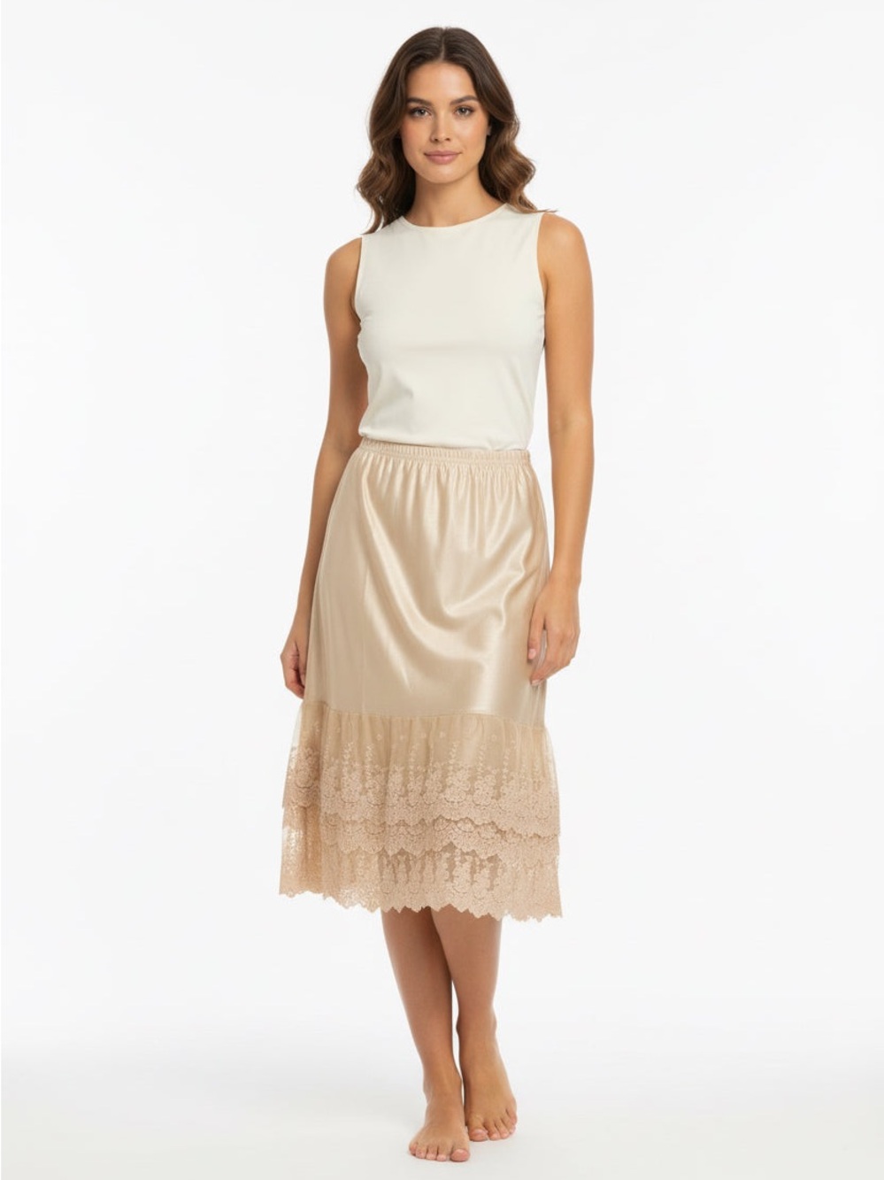 Satin Lace-Trim Midi Skirt in Beige